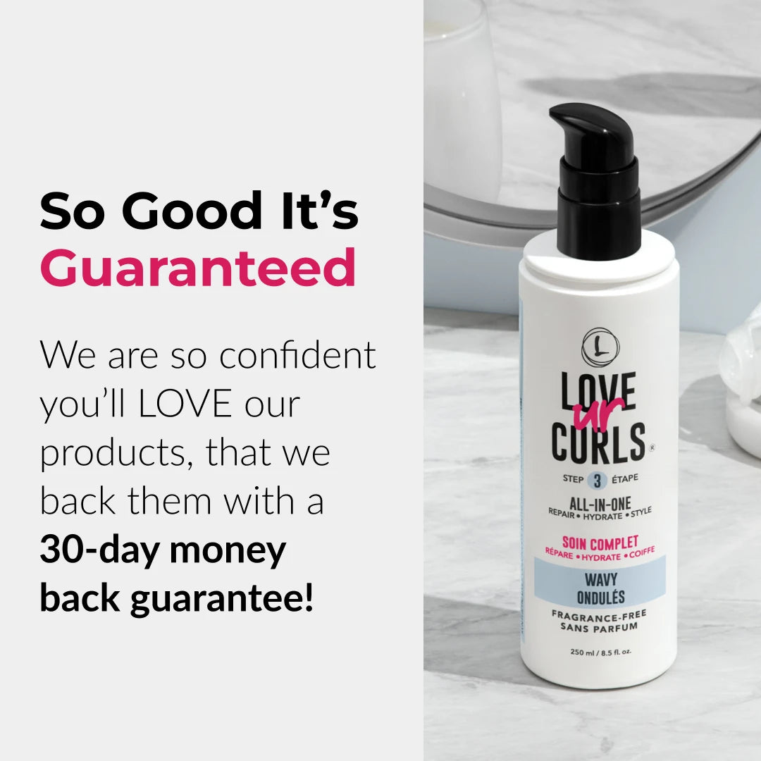 Bottle of Love 4 Curls hair care product with promotional text on a white background