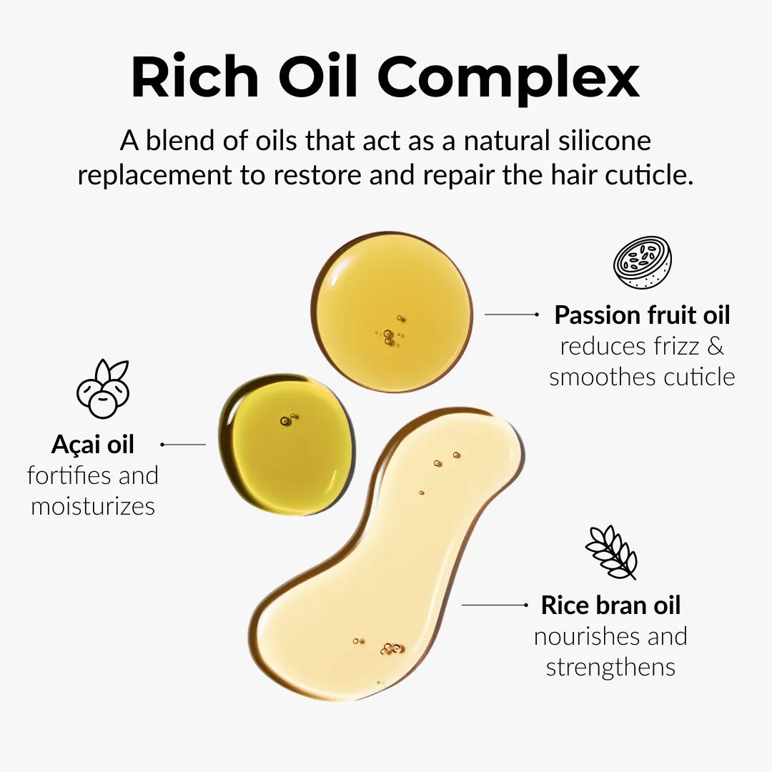 Illustration of a rich oil complex with labels for passion fruit oil, acai oil, and rice bran oil on a white background.