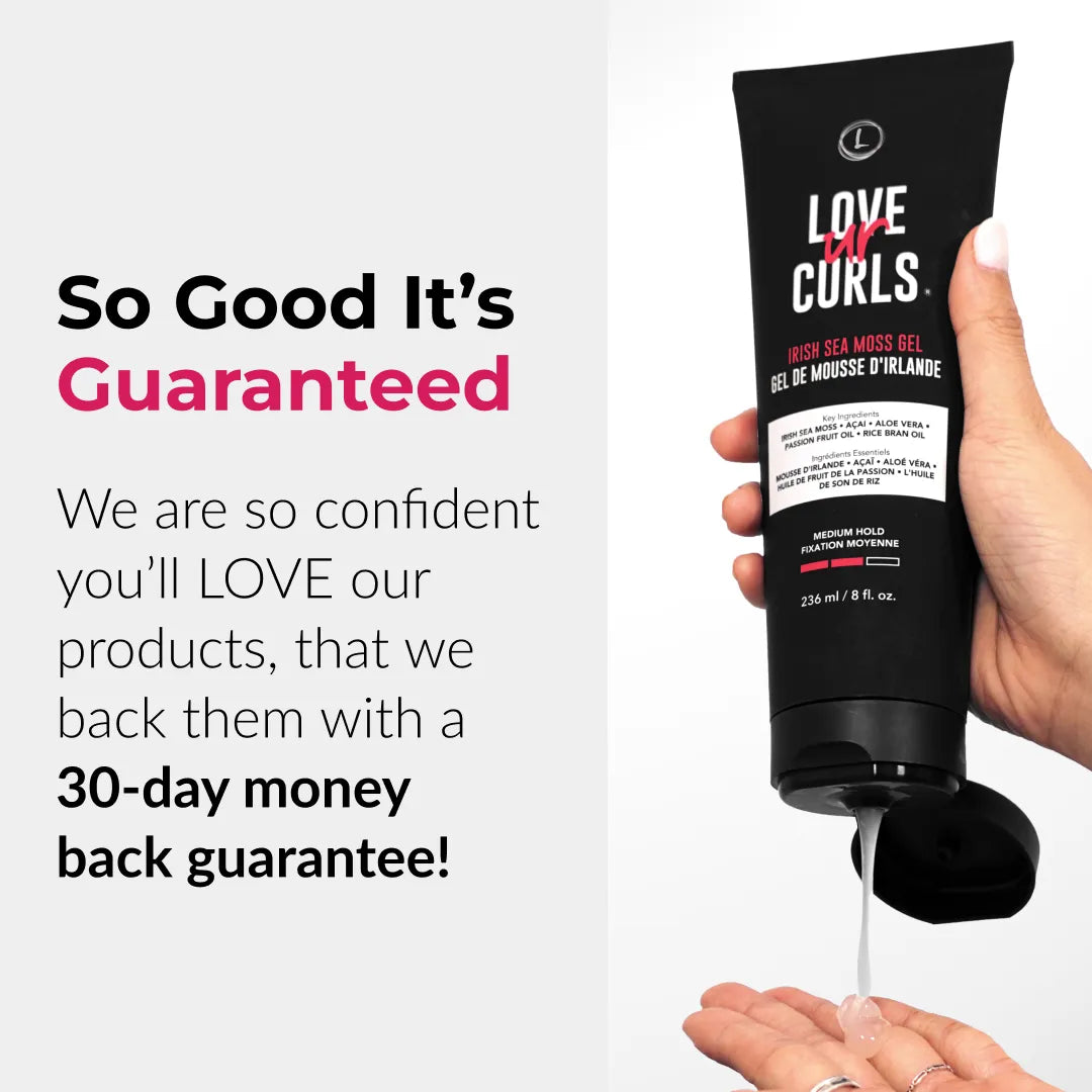 Hand holding a tube of 'Love Ur Curls' hair product with text about a 30-day money-back guarantee.