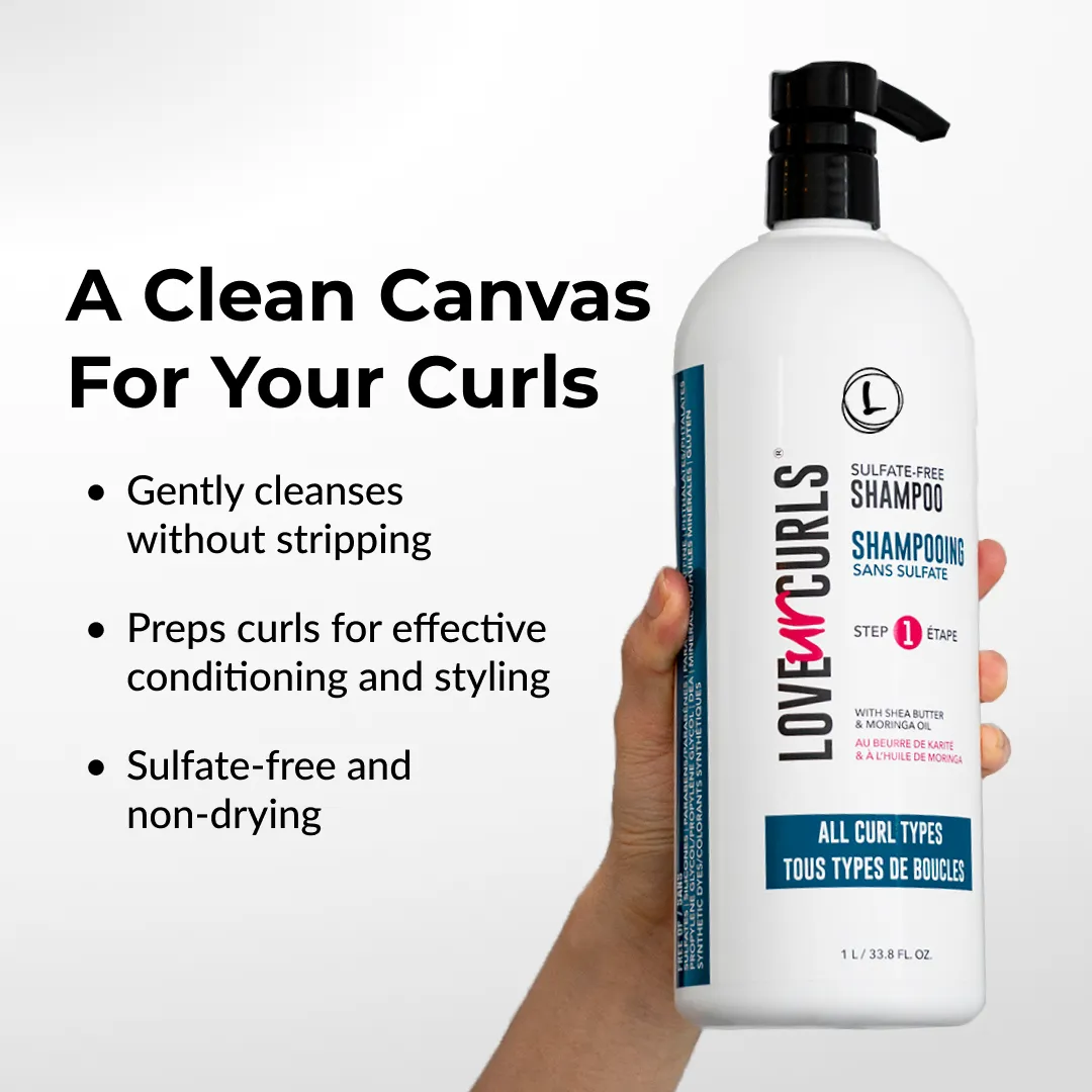 Shampoo bottle held by a hand with product details on a white background