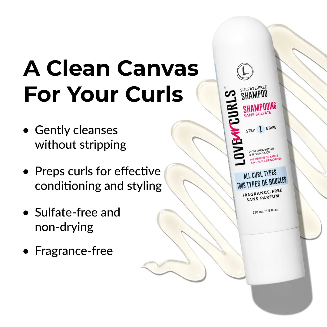 Shampoo bottle with text about its benefits on a white background