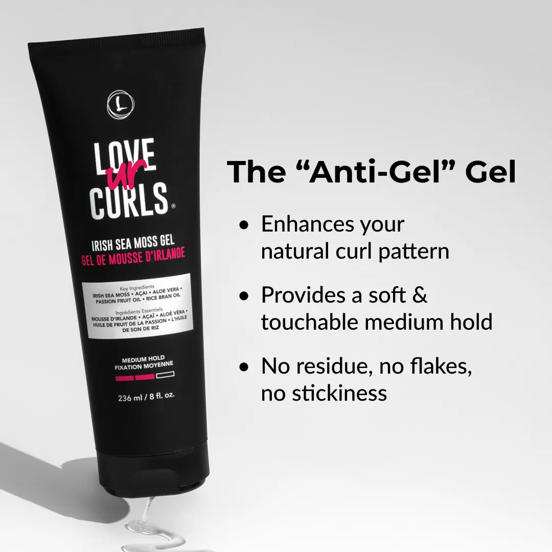 Love ur Curls Irish Sea Moss Gel tube with product description on a white background