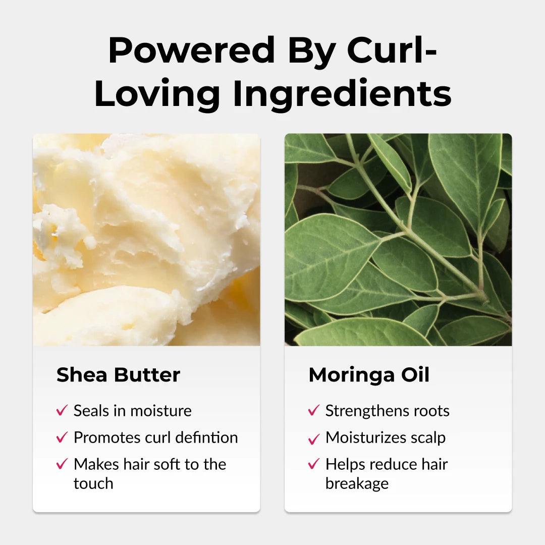 Shea butter and moringa oil with text on curl-loving ingredients