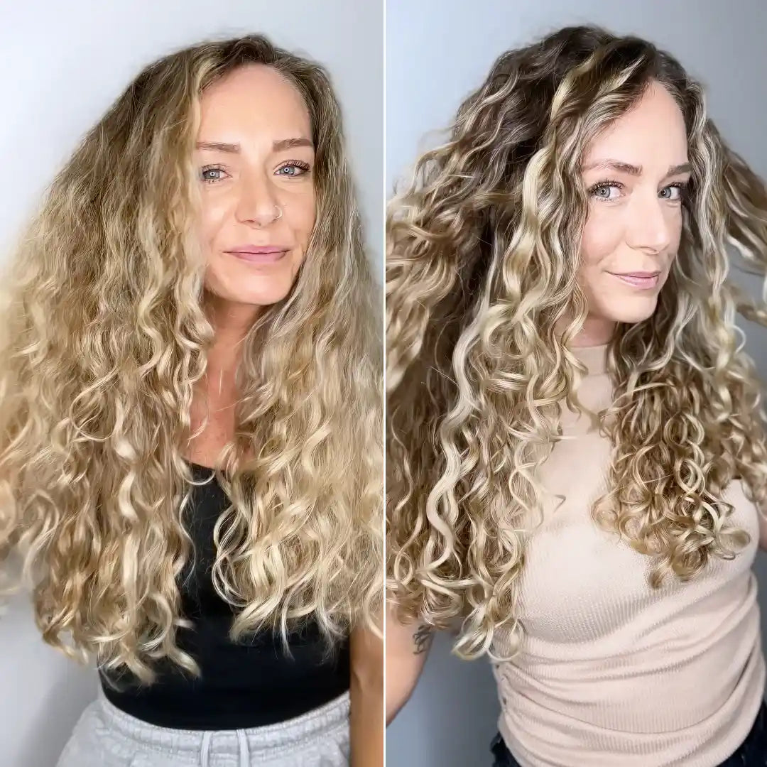 Side-by-side comparison of a woman with long, wavy blonde hair wearing different outfits.