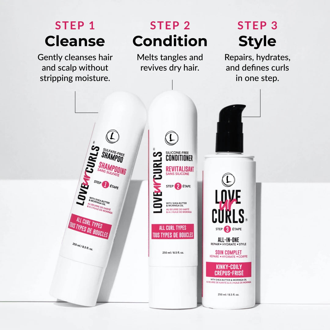 3 step system kinky coily cleanse shampoo conditioner and the kinky coily styler