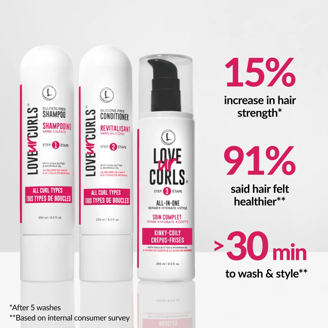 Love 4 Curls hair care product set with text highlighting benefits on a white background
