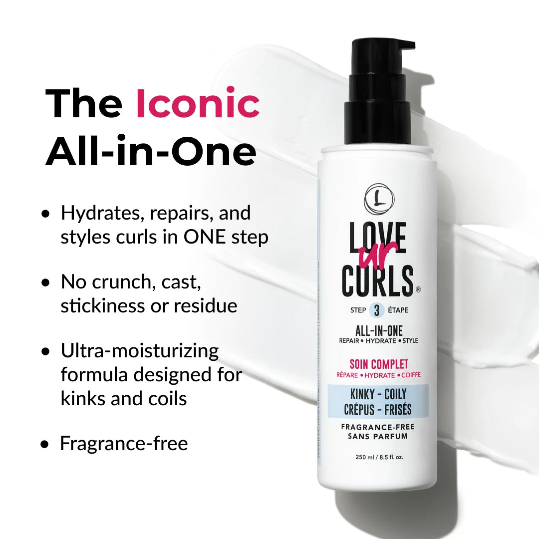 Love Ur Curls hair care product with features listed on a white background