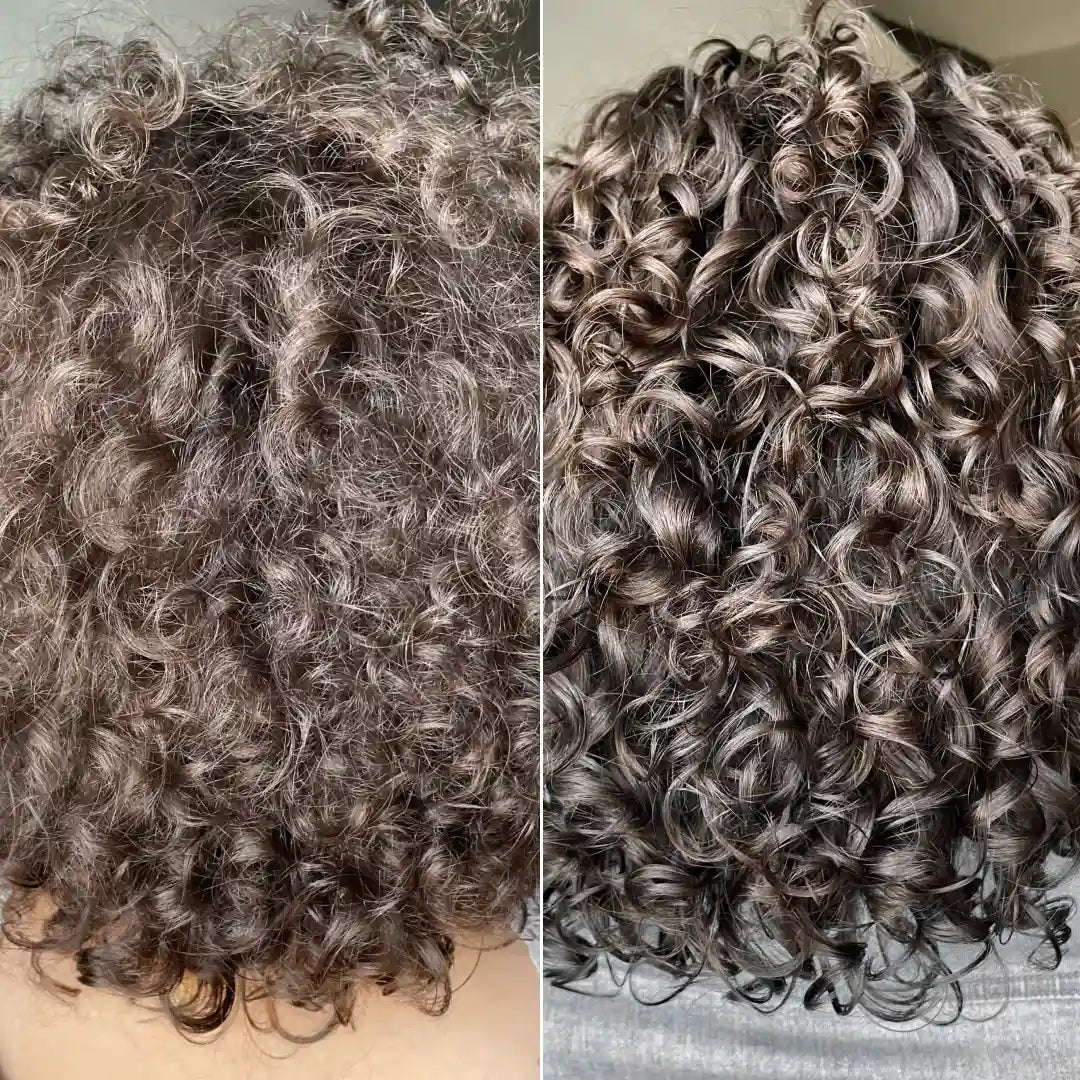 Side-by-side comparison of curly hair before and after styling.