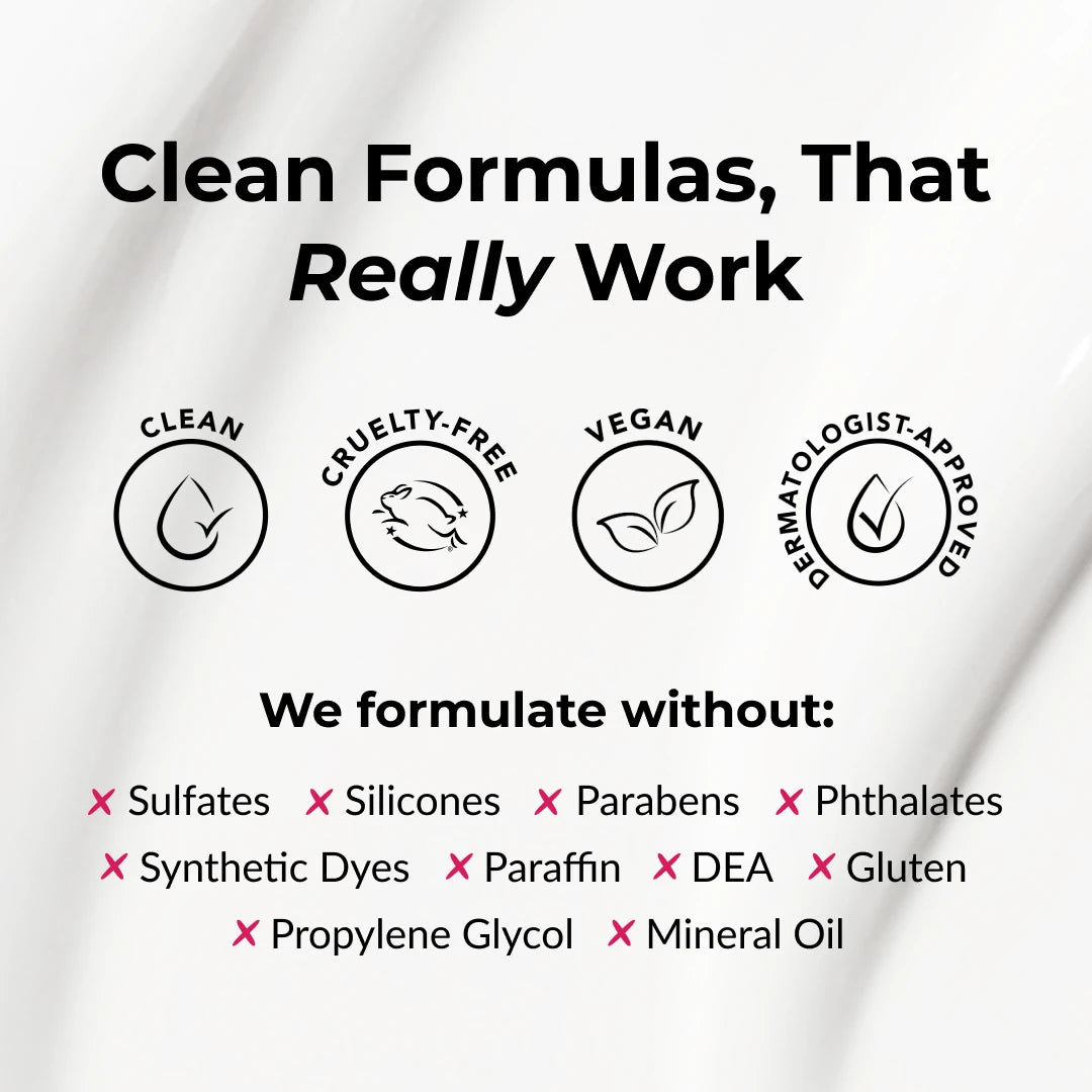 Product packaging with certification icons and a list of ingredients to avoid on a white background.