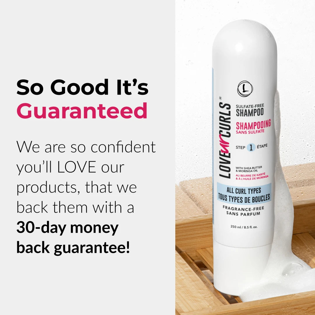 Shampoo bottle with promotional text about a 30-day money-back guarantee on a white background
