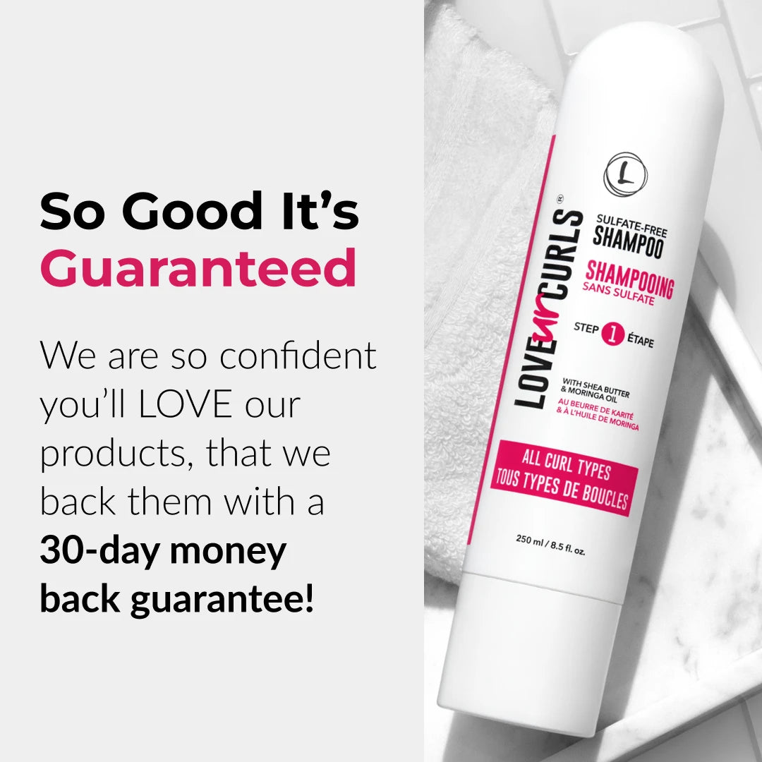 Shampoo bottle with text about a 30-day money-back guarantee