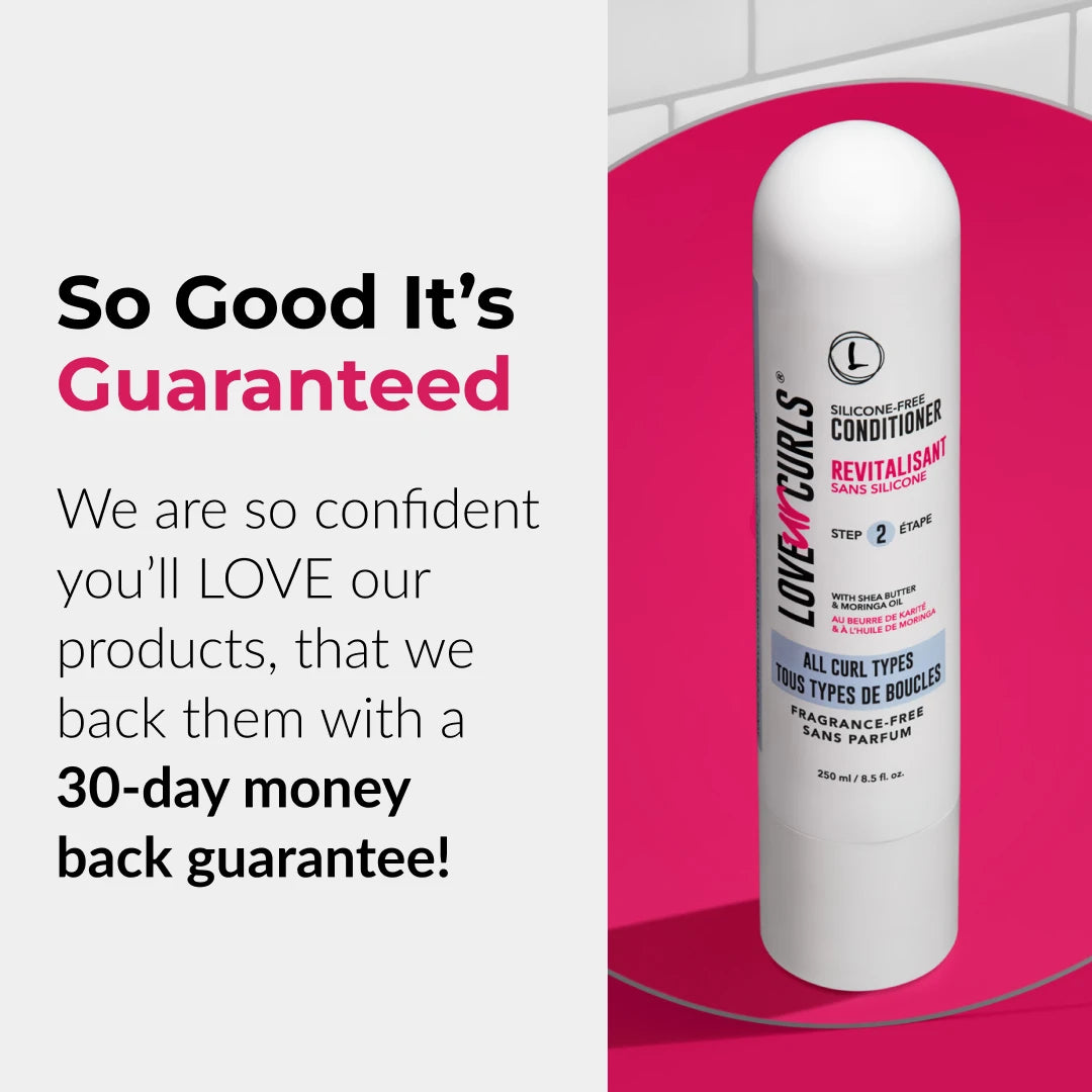 Conditioner bottle with promotional text on a pink background