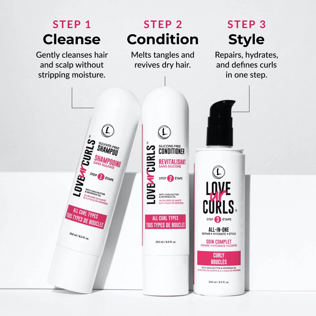 3 steps of using curly styler in 3 step system with shampoo and conditioner with the styler as curly