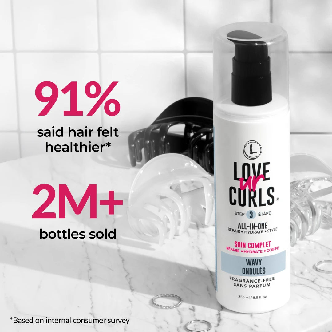 Love ur Curls hair care product with text highlighting customer feedback on a tiled bathroom background