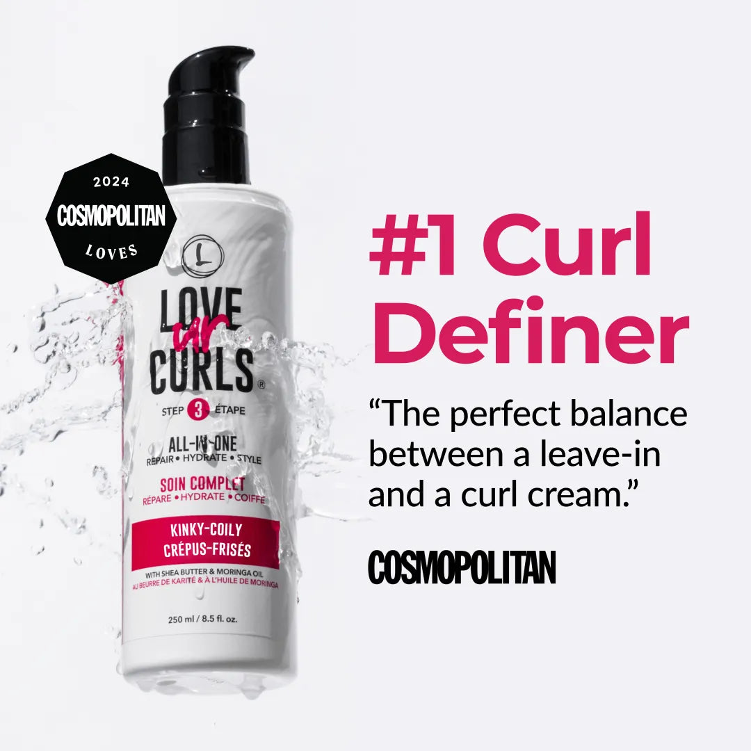 Bottle of 'Love Your Curls' Curl Definer with text on a white background