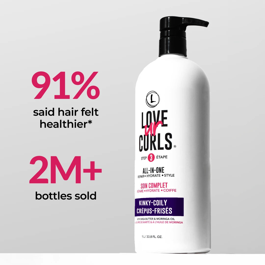 Bottle of Love Ur Curls hair care product with statistics on a gray background