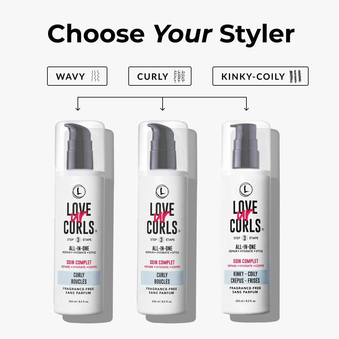 Three bottles of 'Love ur Curls' hair care products with labels for different hair types on a white background.