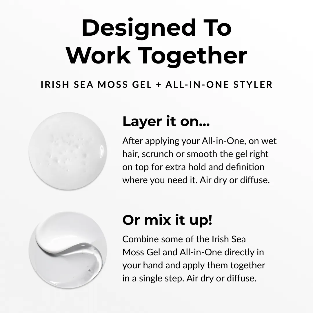 Instructions for using Irish Sea Moss Gel with All-in-One Styler on a white background