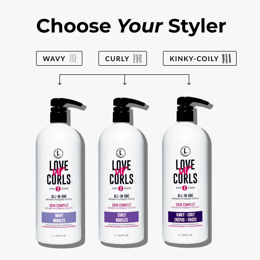 Three bottles of 'Love Ur Curls' hair care products with labels for wavy, curly, and kinky-coily hair types on a white background.