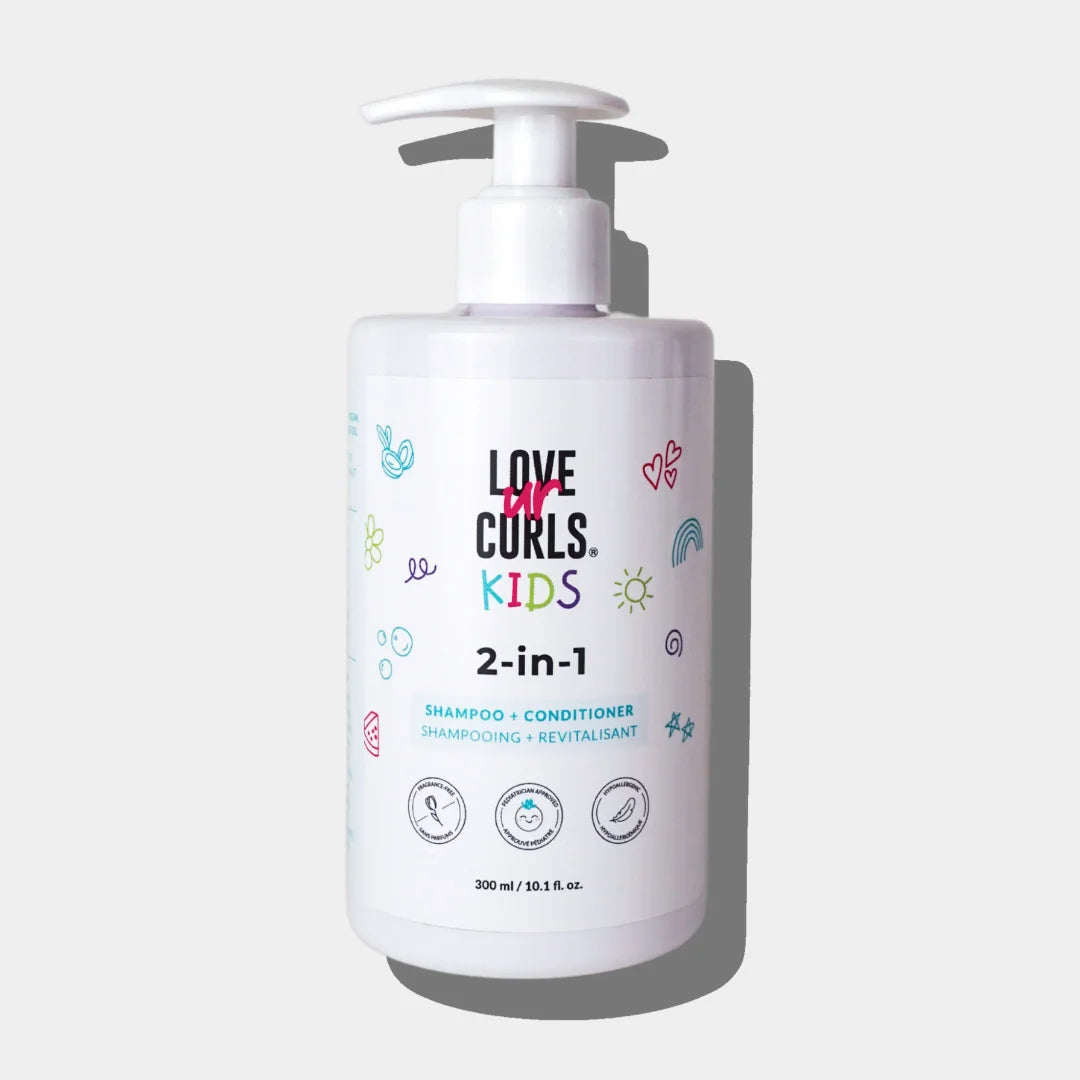 A pump bottle of Love Curls Kids 2-in-1 shampoo and conditioner designed for children's hair care.