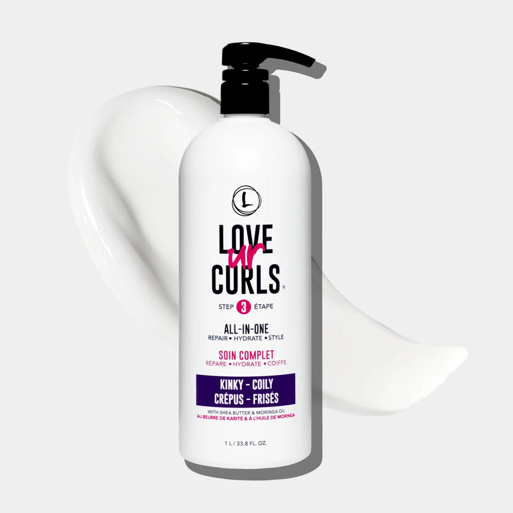 Bottle of 'Love ur Curls' hair care product on a white background