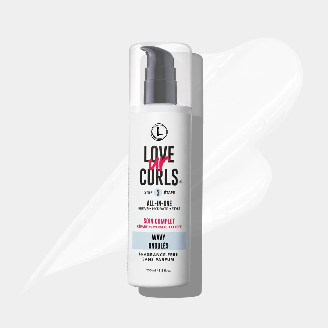 Bottle of Love Ur Curls hair product on a white background