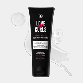 Love ur Curls Irish Sea Moss Gel tube on a light gray background with product residue.