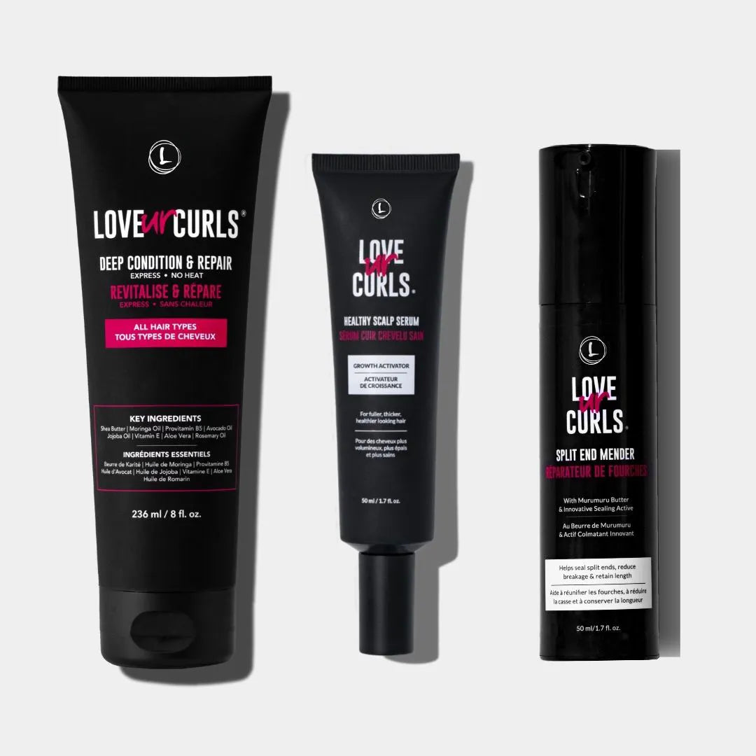 Three 'Love Ur Curls' hair care products on a white background