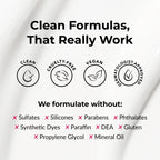 Product packaging with certification icons and a list of ingredients to avoid on a white background.