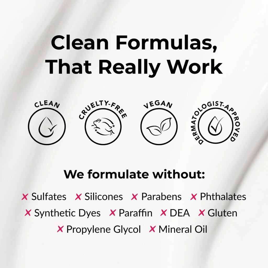 Product packaging with certification icons and a list of ingredients to avoid on a white background.