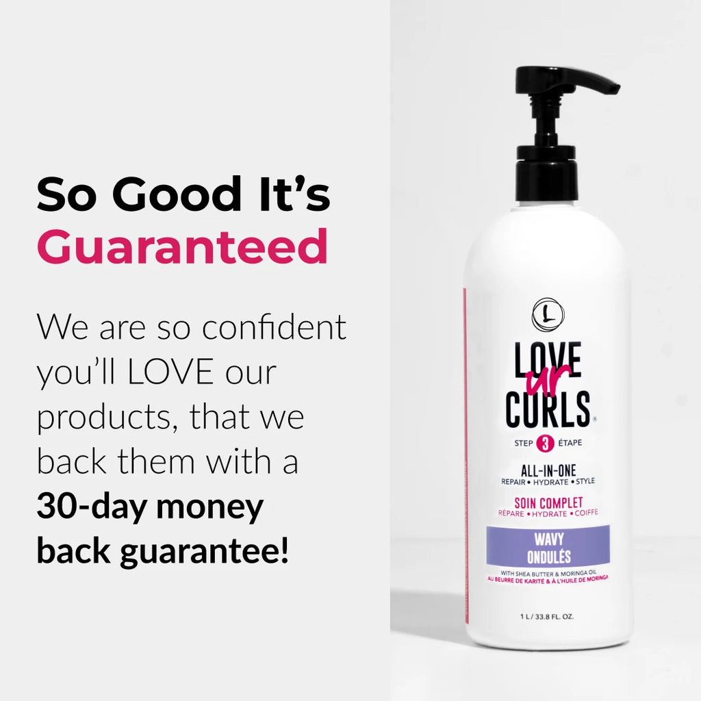 Bottle of 'Love ur Curls' hair care product with promotional text on a white background
