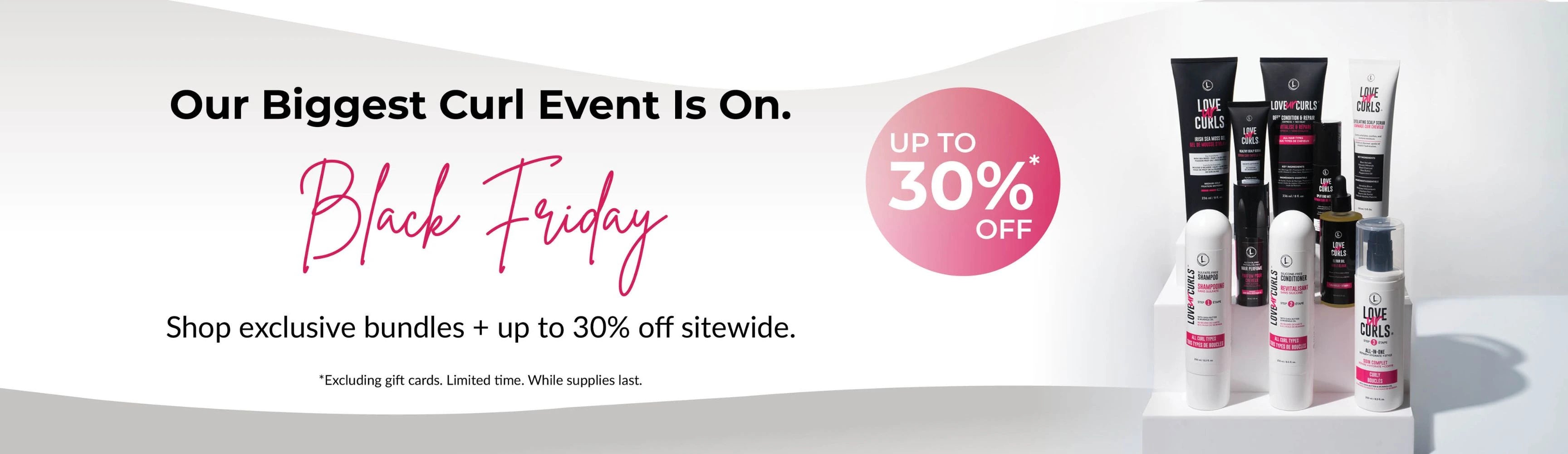 Black Friday promotion Love Ur Curls with product display and text overlay.