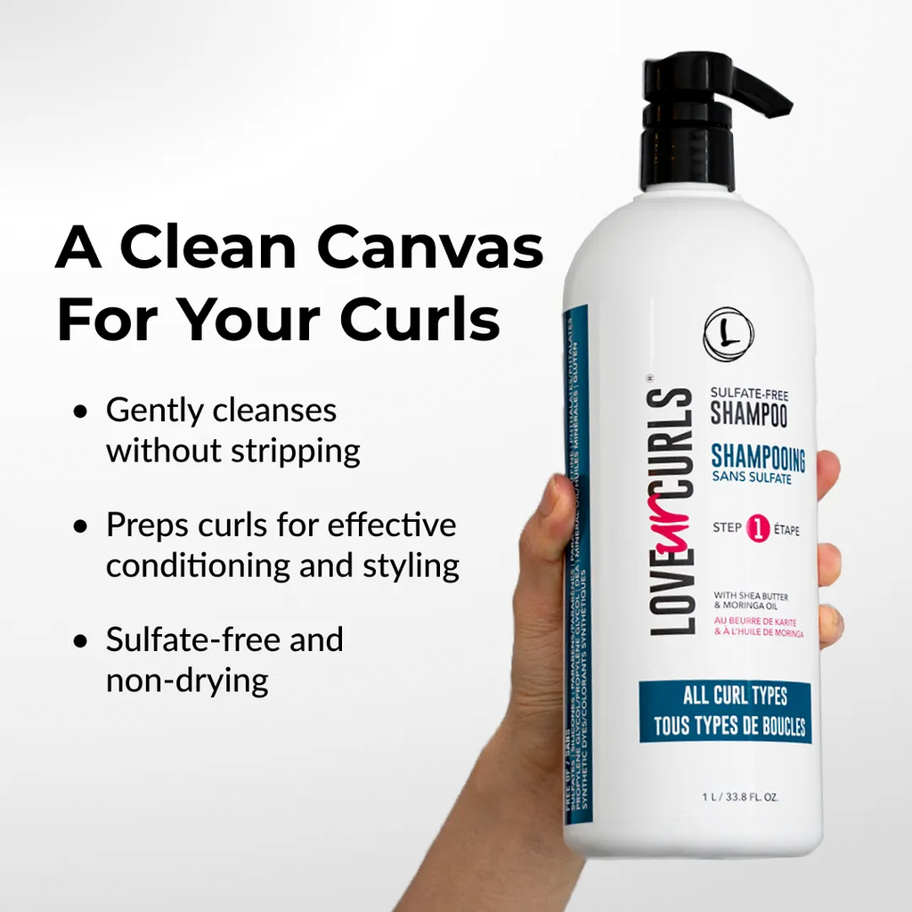 Shampoo bottle held by a hand with product details on a white background