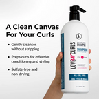 Shampoo bottle held by a hand with product details on a white background