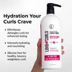 Love Ur Curls conditioner bottle held by a hand with product details on a white background