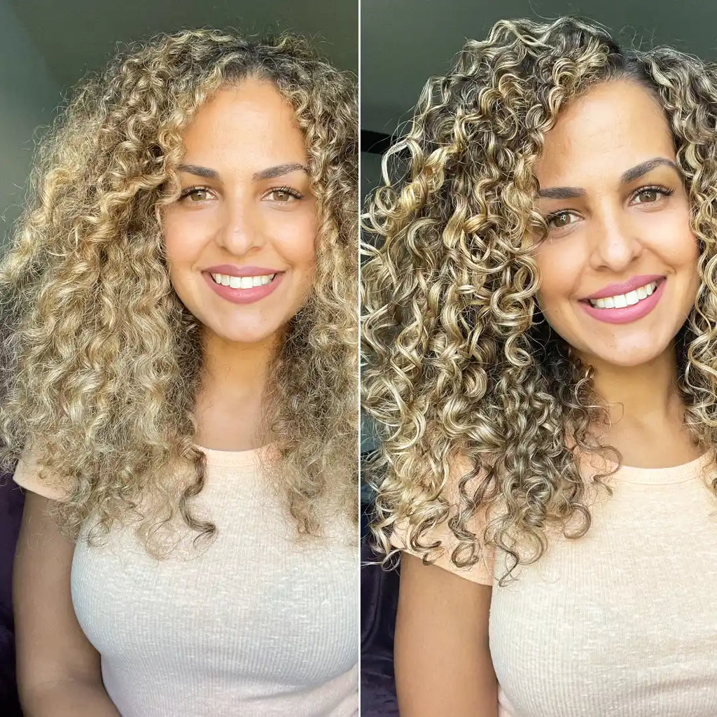 Side-by-side comparison of a woman with curly hair wearing a light-colored top.