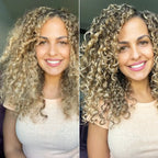 Side-by-side comparison of a woman with curly hair wearing a light-colored top.