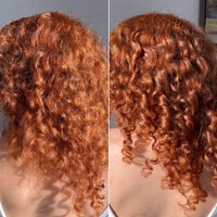 Side-by-side comparison of curly hair with a neutral background