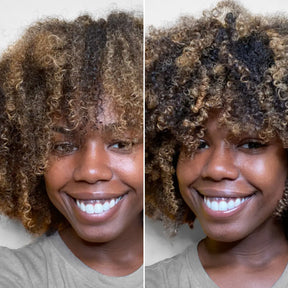 Two side-by-side images of a woman with curly hair, one on a light gray background and one on a white background.