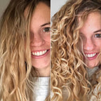 Side-by-side comparison of a woman with straight and curly blonde hair.
