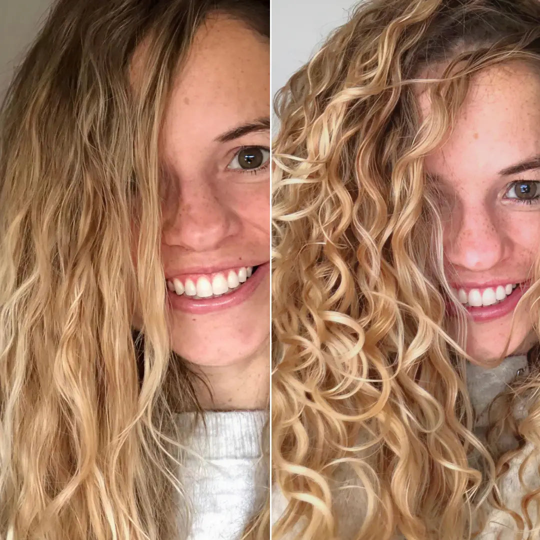 Side-by-side comparison of a model with straight and curly blonde hair.