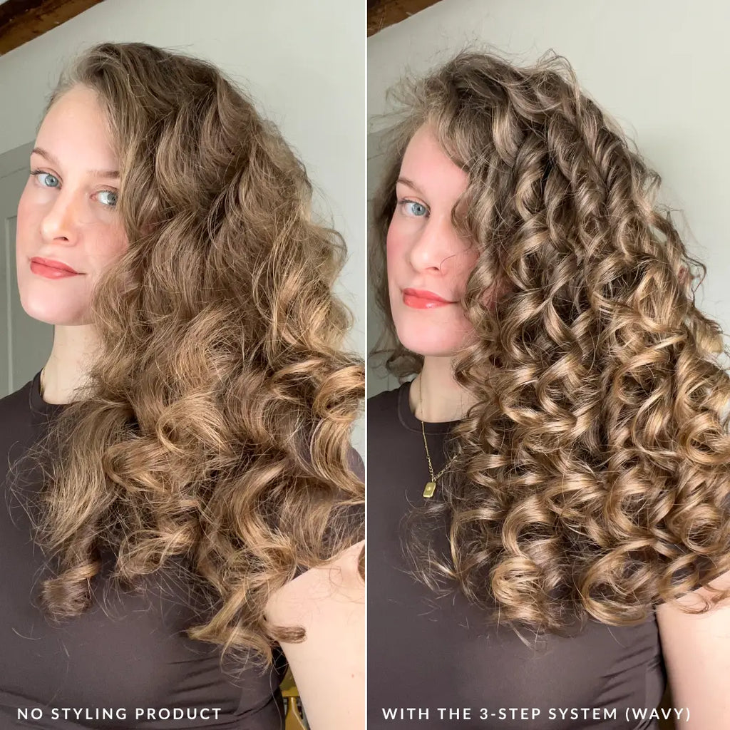 3 step system with and without the wavy styler with model application