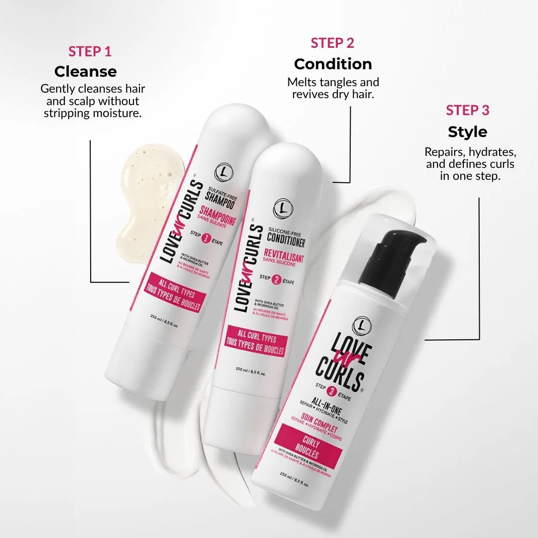 Love UR Curls hair care product set with step-by-step instructions on a white background