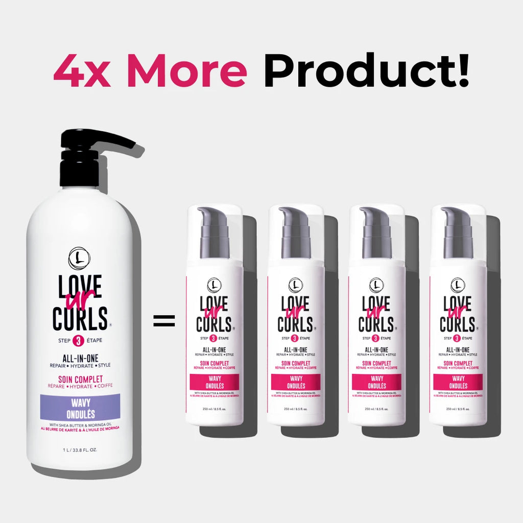 Comparison of a large bottle labeled 'Love Ur Curls' with four smaller bottles on a white background.