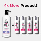 Comparison of a large bottle labeled 'Love Ur Curls' with four smaller bottles on a white background.