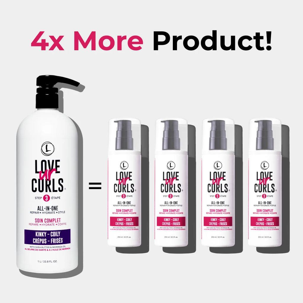 Promotional graphic for 'Love My Curls' hair care products showing a larger bottle and four smaller bottles.