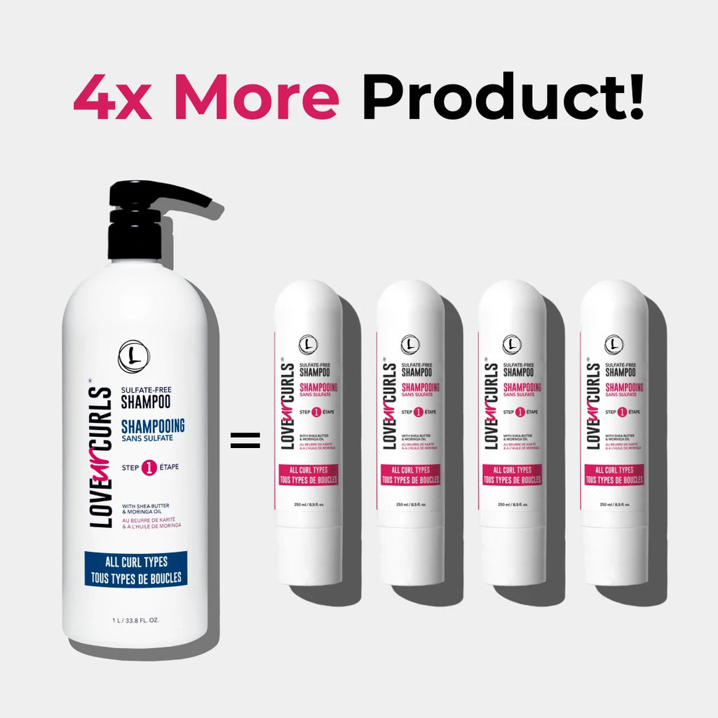 Shampoo bottle labeled 'Love 4 Curls' with text '4x More Product!' on a white background