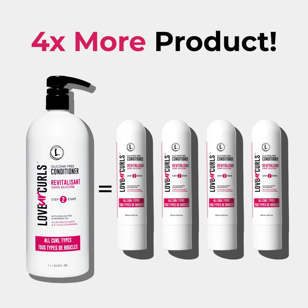 Promotional graphic showing a large conditioner bottle and five smaller bottles with text indicating '4x More Product'.