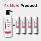 Promotional graphic showing a large conditioner bottle and five smaller bottles with text indicating '4x More Product'.