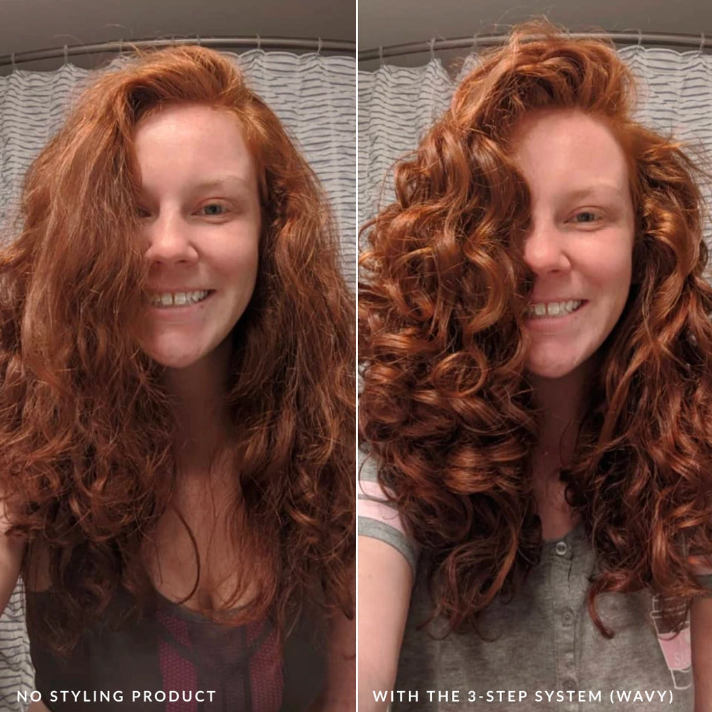 3 step system with and without the styler wavy product 